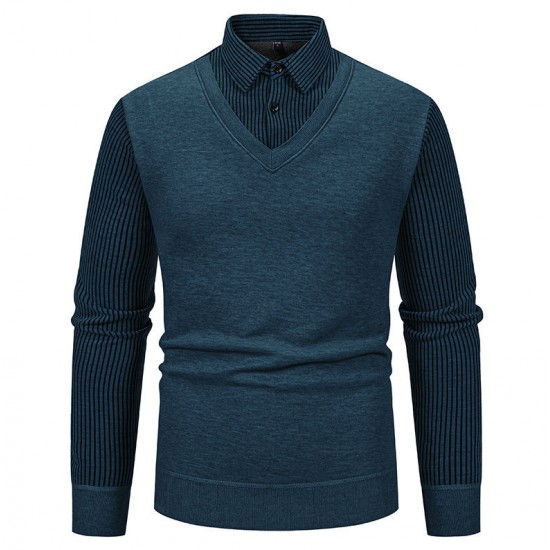 Men's Autumn/Winter Casual Plus-fleece Shirt: Long-sleeved Fake Two-piece Sweater, Colorblock Slim-fitting Sweater