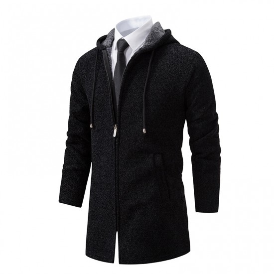 Autumn Men's Fashion Hooded Cardigan Sweater: Mid-Length Plush Thickened Cardigan Sweater Jacket