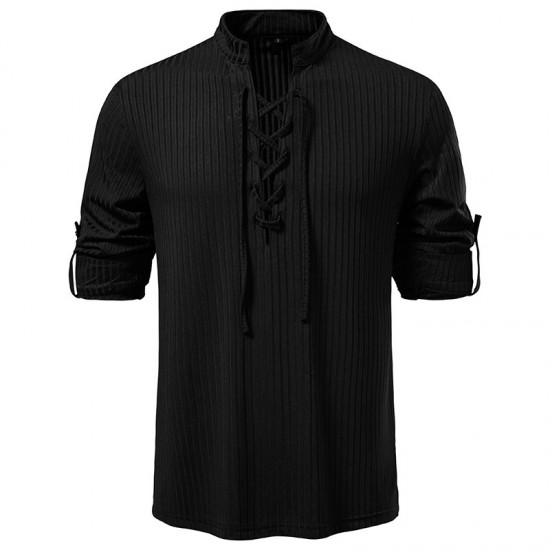 2025 European-sized New Men's Stand-Up Collar Fashion Casual Long-Sleeved T-Shirt: Drawstring Design