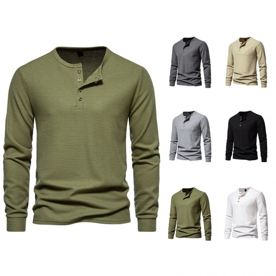 Autumn and Winter New Men's Four-button Waffle Henley T-shirt: Long-sleeved T-shirt