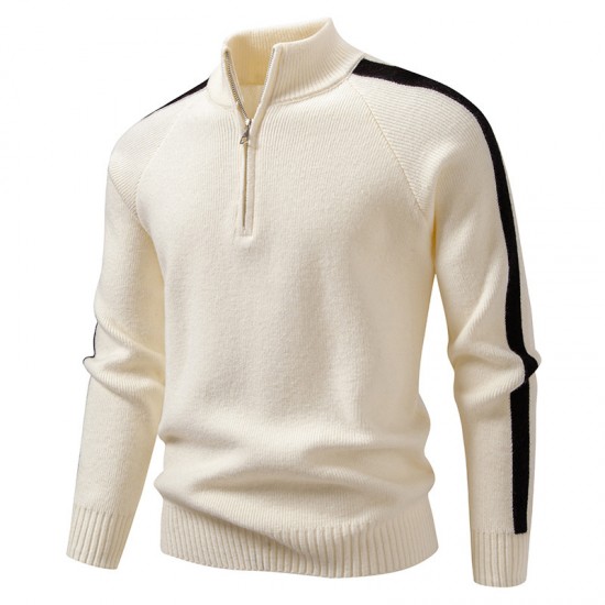 2025 Autumn/Winter New Men's Color-Block Sweater: Oversized Stand-Up Collar Half-Zip Jacket
