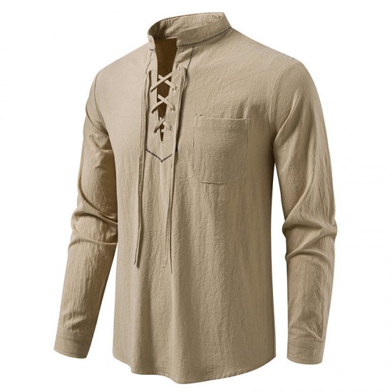 2025 New Men's Drawstring Medieval Pirate Shirt: Autumn and Winter Casual Shirt