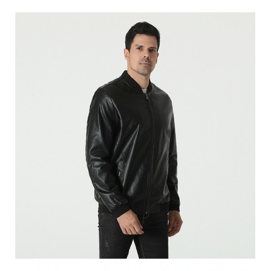Men's Autumn New Style Simple Solid Color Leather Jacket: Large Size Casual Stand-up Collar Leather Jacket