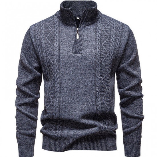 2025 European Size Autumn/Winter New Men's Casual Jacquard Sweater: Stand Collar Zipper Pullover