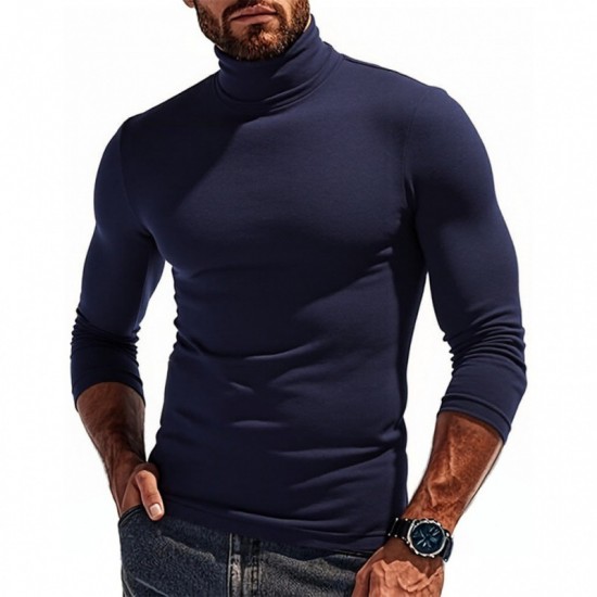 2025 Autumn/Winter Men's Solid Color Fleece Long-Sleeved T-Shirt: Knitted Undershirt, Slim-Fit High-Neck Warm Top