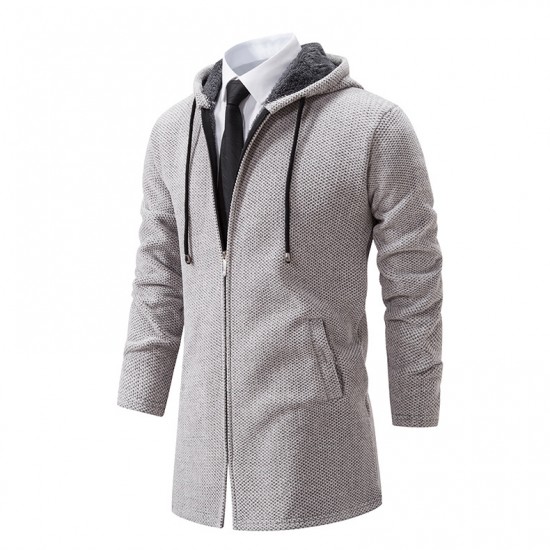 Autumn Men's Fashion Hooded Cardigan Sweater: Mid-Length Plush Thickened Cardigan Sweater Jacket