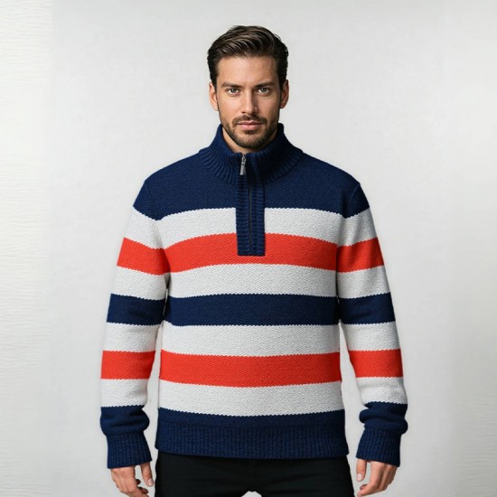 2025 Autumn New Men's Half-Zip Fleece Striped Sweater: Casual Knit Sweater