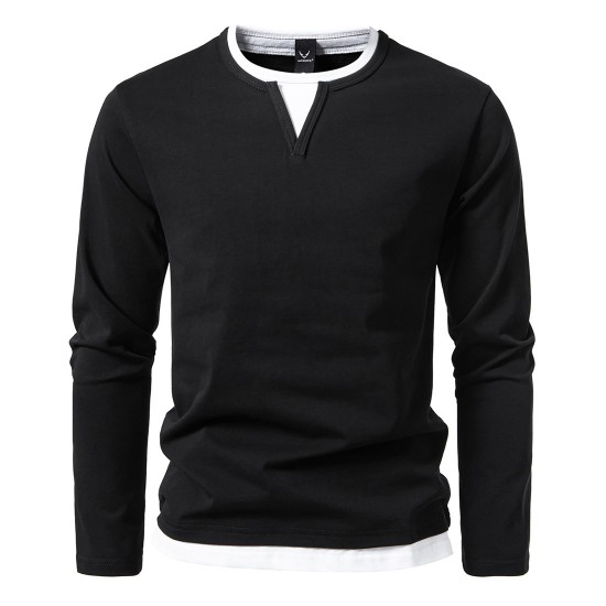 European Size 2025 Men's Colorblock Casual Fake Two-Piece Long-Sleeved T-Shirt: Loose Pullover, European and American Men's Clothing