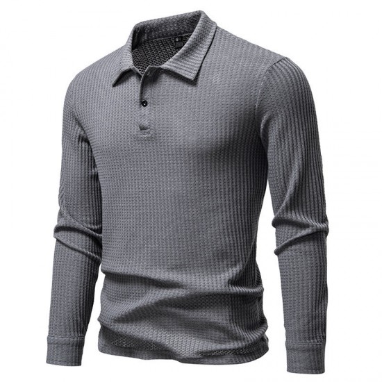 2025 European-sized New Men's Waffle Long-Sleeved Lapel T-Shirt: Simple Casual Polo Shirt