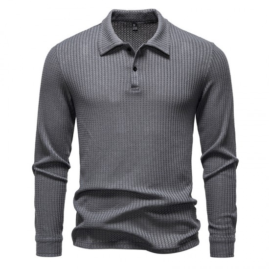 2025 European-sized New Men's Waffle Long-Sleeved Lapel T-Shirt: Simple Casual Polo Shirt