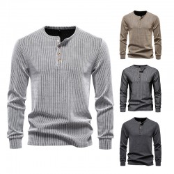2025 European Size New Men's Henley Collar Casual Long Sleeve T-Shirt: Men's Autumn/Winter Simple Base Shirt
