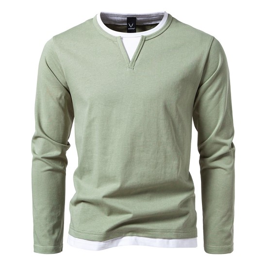 European Size 2025 Men's Colorblock Casual Fake Two-Piece Long-Sleeved T-Shirt: Loose Pullover, European and American Men's Clothing