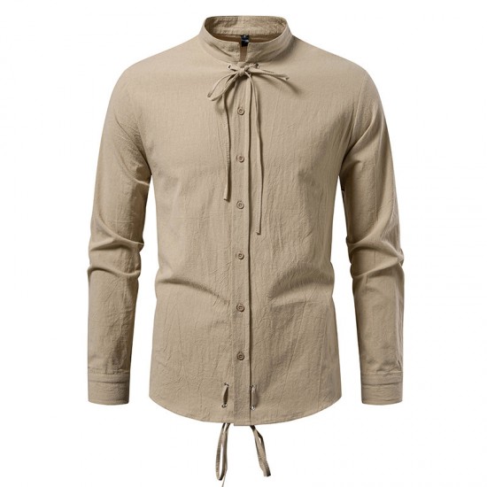 2025 European New Medieval Pirate Drawstring Men's Cotton and Linen Casual Long-Sleeved Shirt