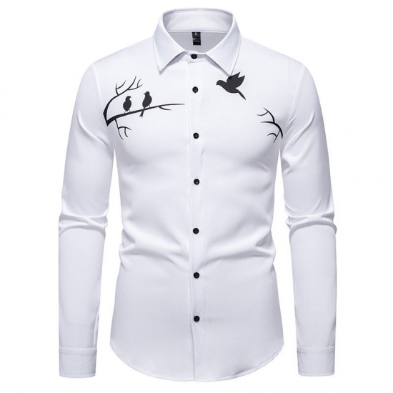 2025 European Size New Men's Slim Lapel Printed Casual Long-Sleeved Shirt