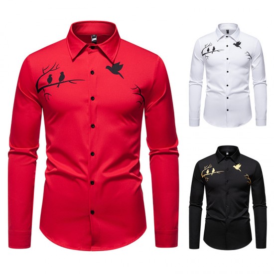 2025 European Size New Men's Slim Lapel Printed Casual Long-Sleeved Shirt