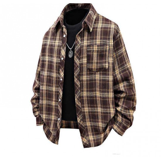 2025 Spring/Autumn New Men's Plaid Lapel Long-Sleeved Shirt: Casual Loose Shirt Jacket