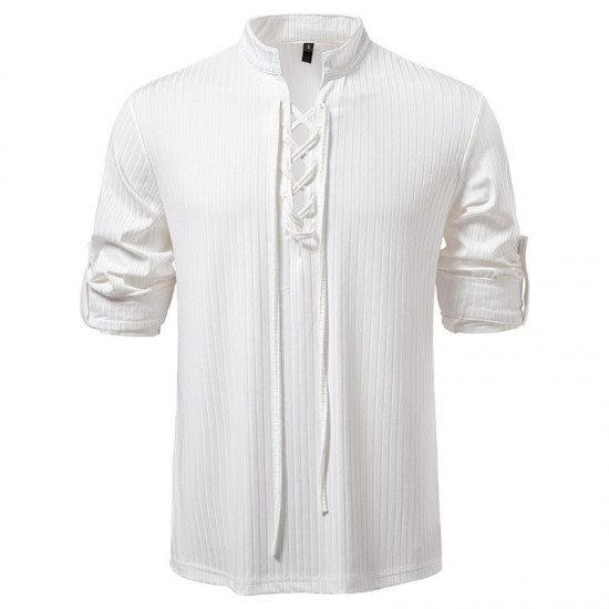 2025 European-sized New Men's Stand-Up Collar Fashion Casual Long-Sleeved T-Shirt: Drawstring Design