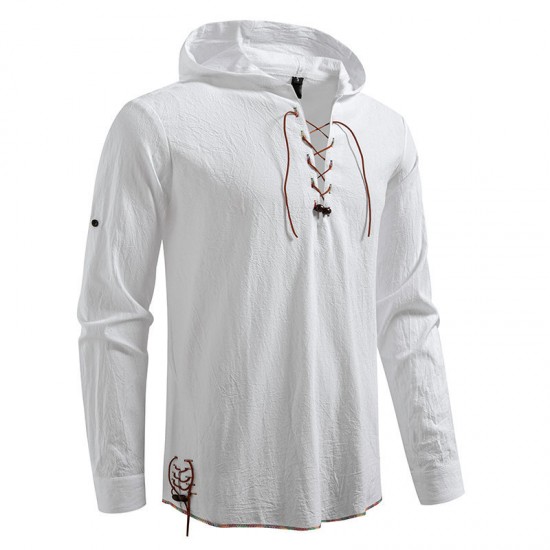 2025 European Size New Men's Drawstring Hooded Cotton and Linen Casual Long-Sleeved Shirt