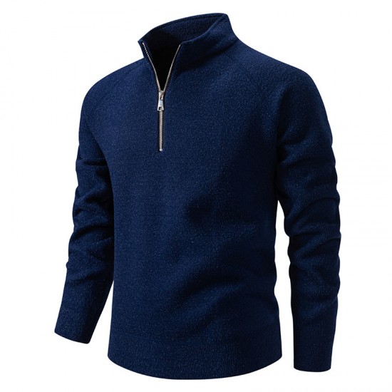 2025 European Size Men's Solid Color Thickened Sweater: Stand Collar Half-Zip Slim Fit Cardigan