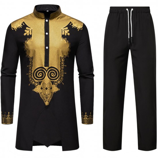 2025 Spring/Summer European and American Men's New Middle Eastern Style Robe: Gold Stamping Print Casual Suit
