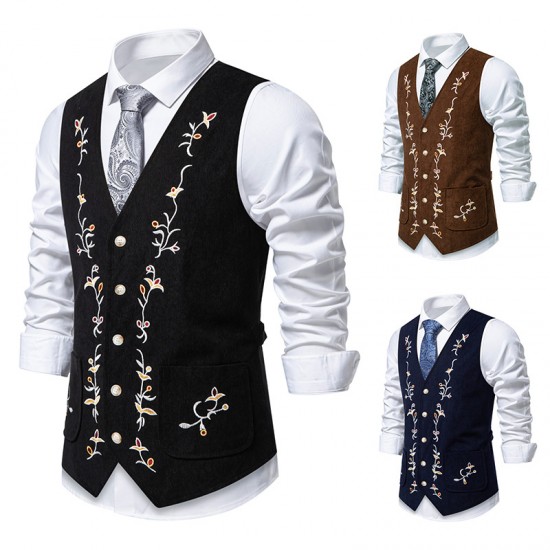 Men's Autumn/Winter Fashion Colorblock Embroidered Single-Breasted Corduroy Vest