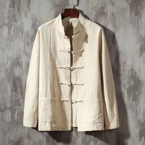 Spring/Autumn Style Men's Buttoned Cotton and Linen Shirt: Stand Collar Retro Top, Linen Long-Sleeved Shirt