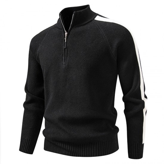 2025 Autumn/Winter New Men's Color-Block Sweater: Oversized Stand-Up Collar Half-Zip Jacket