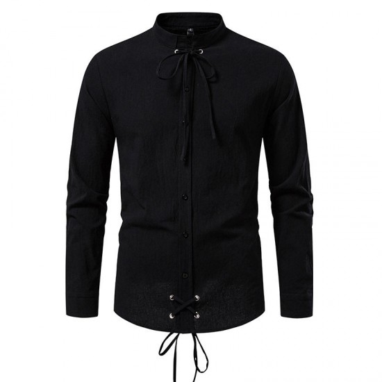 2025 European New Medieval Pirate Drawstring Men's Cotton and Linen Casual Long-Sleeved Shirt