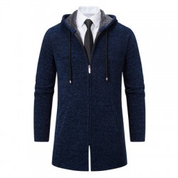 Autumn Men's Fashion Hooded Cardigan Sweater: Mid-Length Plush Thickened Cardigan Sweater Jacket