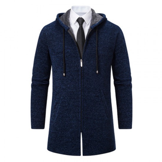 Autumn Men's Fashion Hooded Cardigan Sweater: Mid-Length Plush Thickened Cardigan Sweater Jacket