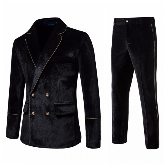 New Men's Velvet Gold-trimmed Double-breasted Suit: Tuxedo, Performance Suit, Men's Trendy Jacket