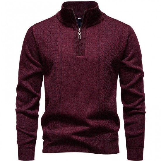 2025 European Size Autumn/Winter New Men's Casual Jacquard Sweater: Stand Collar Zipper Pullover