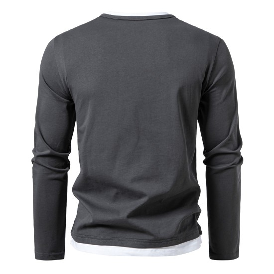 European Size 2025 Men's Colorblock Casual Fake Two-Piece Long-Sleeved T-Shirt: Loose Pullover, European and American Men's Clothing