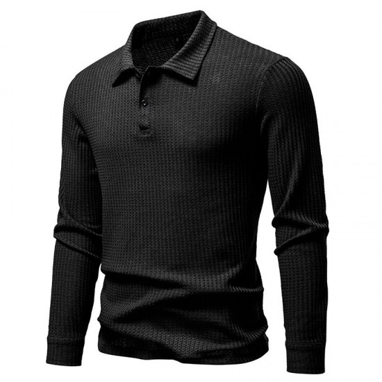 2025 European-sized New Men's Waffle Long-Sleeved Lapel T-Shirt: Simple Casual Polo Shirt