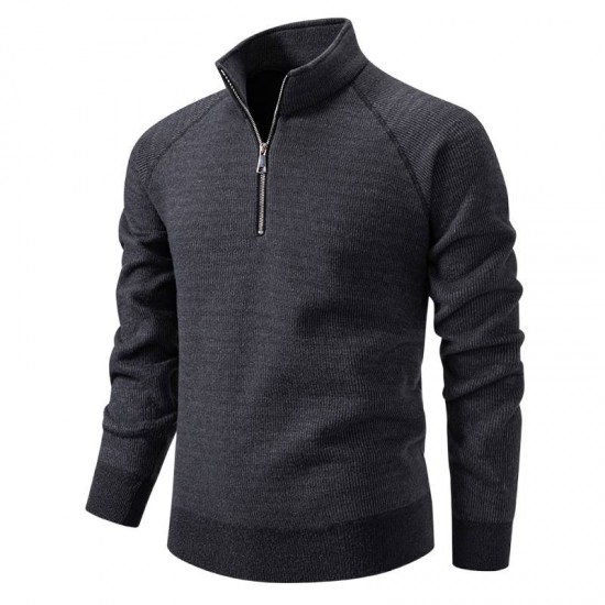 2025 European Size Men's Solid Color Thickened Sweater: Stand Collar Half-Zip Slim Fit Cardigan