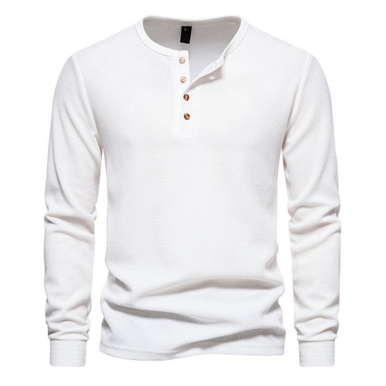 Autumn and Winter New Men's Four-button Waffle Henley T-shirt: Long-sleeved T-shirt