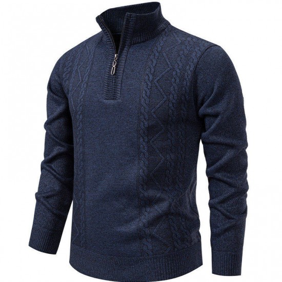 2025 European Size Autumn/Winter New Men's Casual Jacquard Sweater: Stand Collar Zipper Pullover